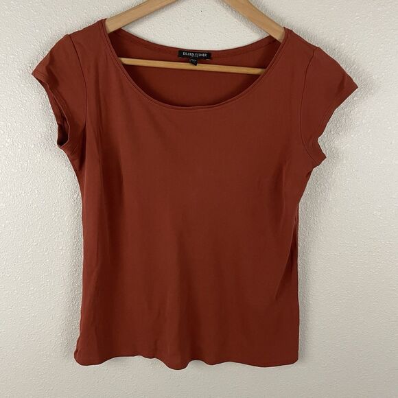 Eileen Fisher Womens PP Petite Brick Red 100% Silk Short Sleeve Shirt - Picture 1 of 4